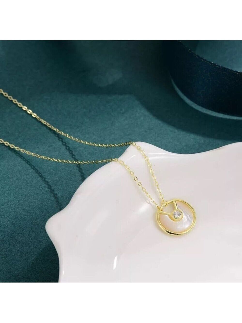 14kt Gold Plated over Sterling Silver White MOP Shell CZ Amulet Necklace - Picture 3 of 6